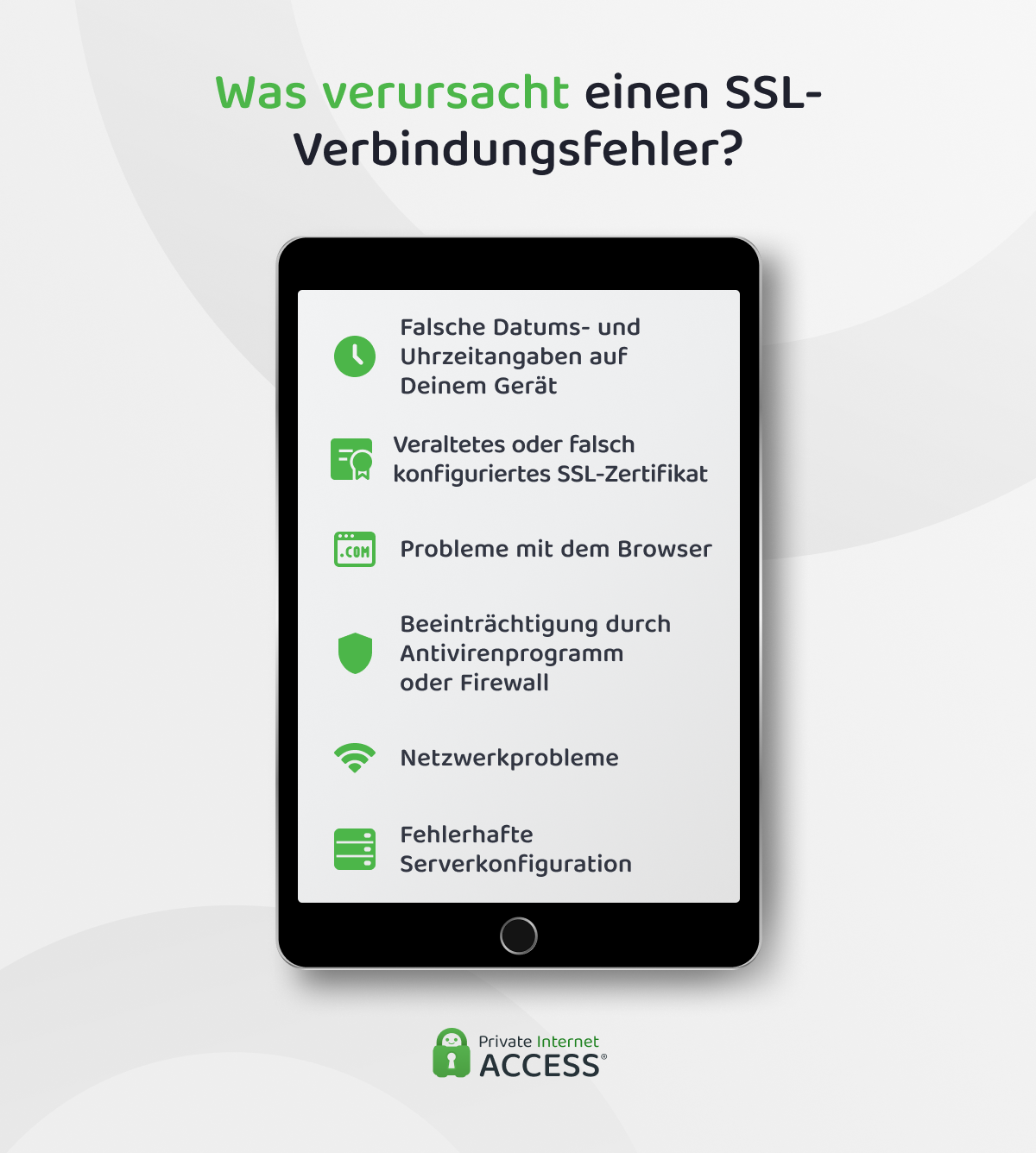 Eine Infografik zeigt die sechs häufigsten Ursachen für SSL-Verbindungsfehler: falsche Systemzeit, abgelaufenes Zertifikat, Browserprobleme, Konflikte mit dem Antivirenprogramm, Netzwerkprobleme und Serverprobleme.