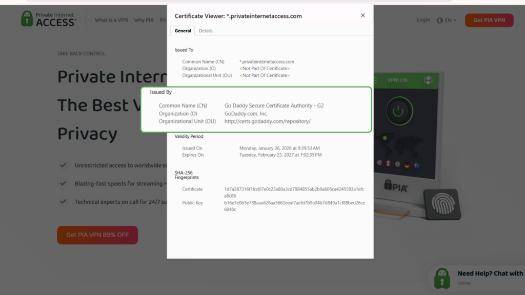 A screenshot showing an example of a trustworthy security certificate.