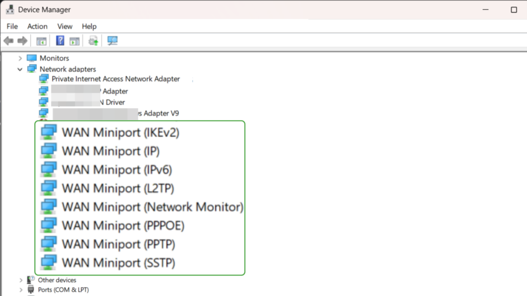 Screenshot of WAN Miniport drivers in Windows Device Manager