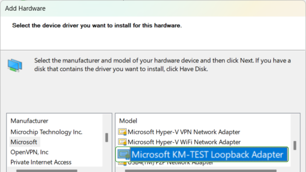 Screenshot of Microsoft adapter installation to fix WAN Miniports errors