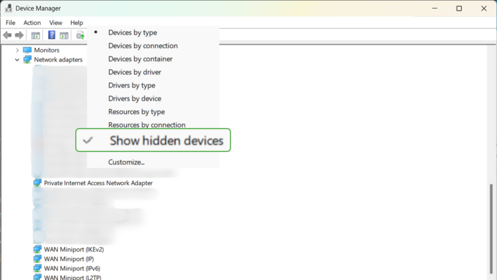 Screenshot of WAN Miniports in the Windows Device Manager with the Show hidden files option enabled