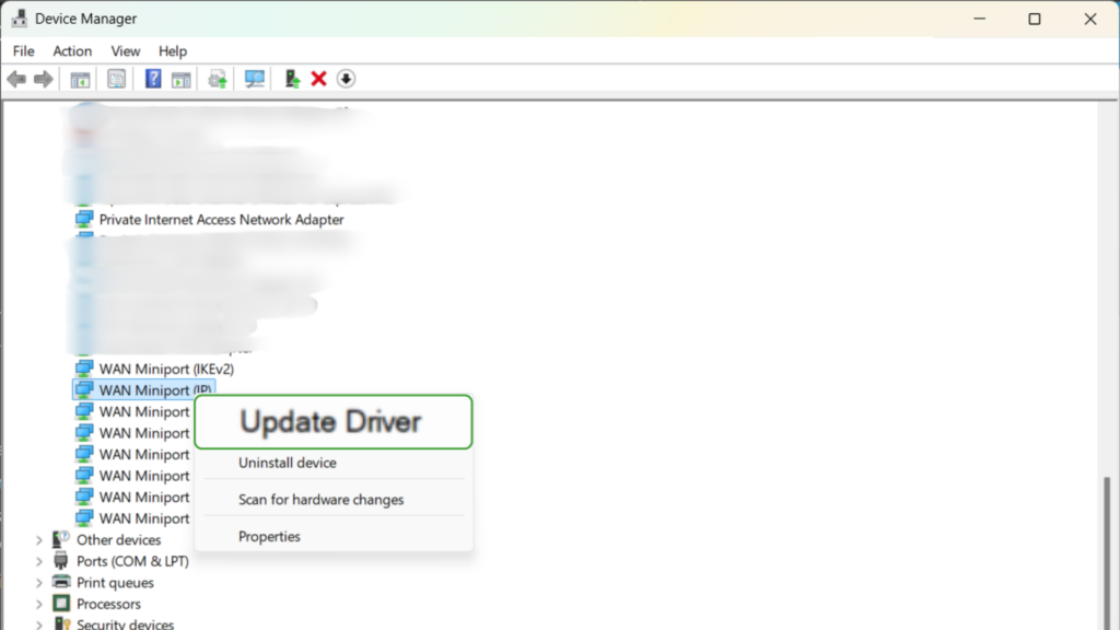 Screenshot of WAN Miniport driver update window