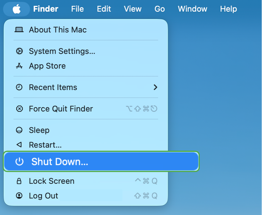 Shut down button on a Mac's Apple menu.