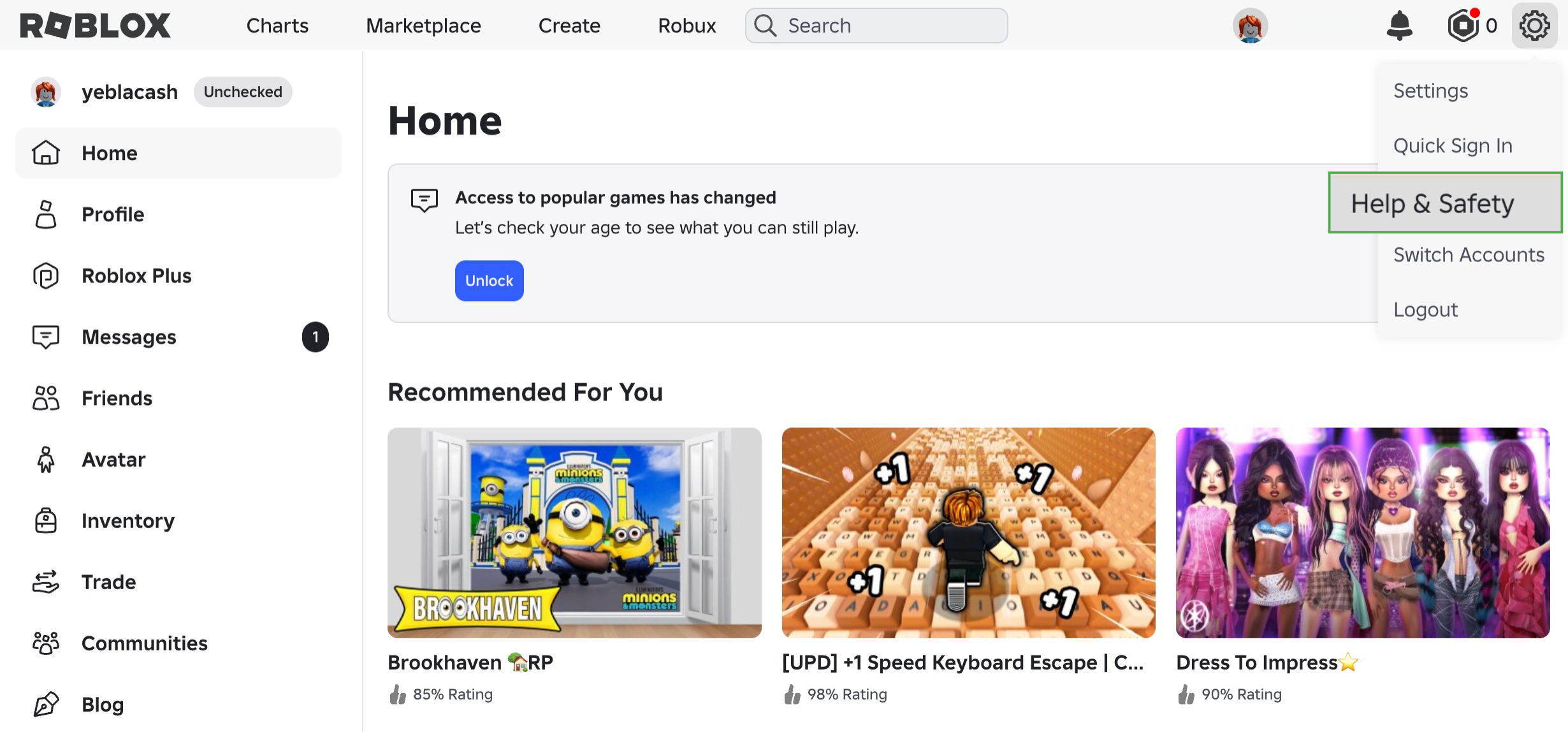 Roblox settings menu.