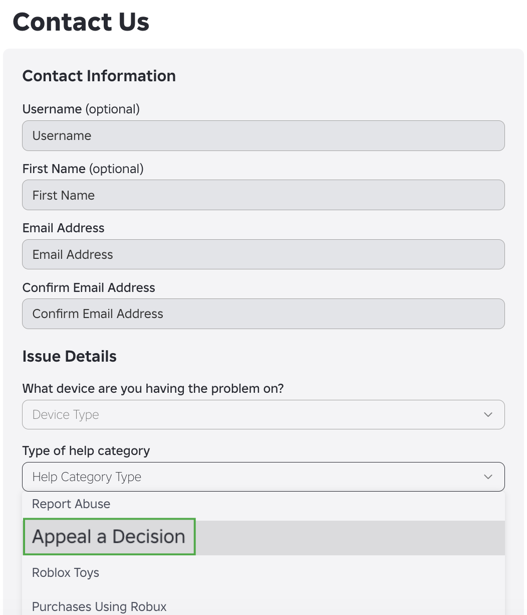 Submitting a contact us form on Roblox to appeal a ban decision.