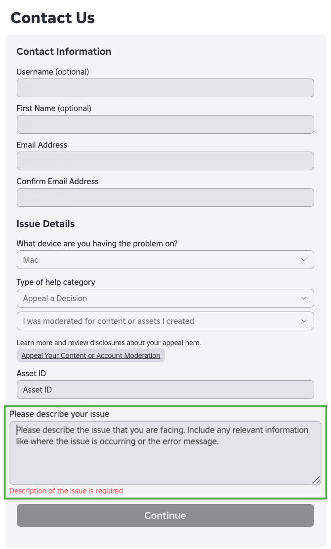 Roblox contact us form to appeal a ban.
