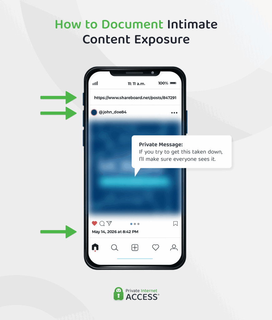 Infographic showing how to document evidence of the exposure of intimate content, noting: the URL of the post, the profile that uploaded it, the date it was published, and a private message in connection to it.