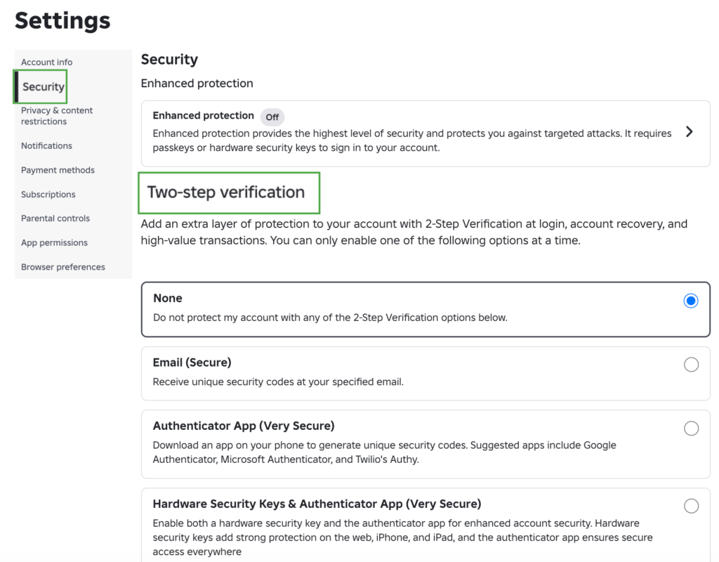 Roblox two-factor authentication settings.