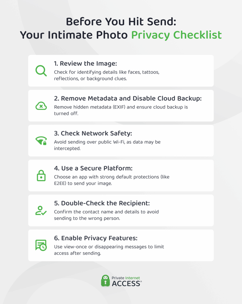 Infographic listing six privacy checks to complete before sending an intimate image: review the image, remove metadata and disable cloud backup, check network safety, use a secure platform, double-check the recipient, and enable privacy features