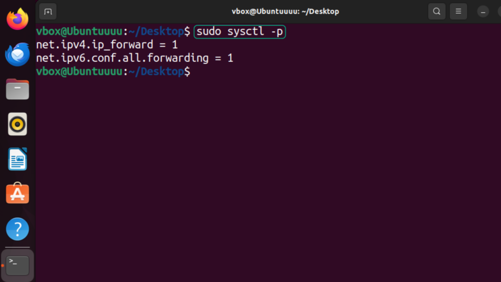 Screenshot showing the terminal in Ubuntu Linux with the command to apply the changes made to the sysctl.conf file