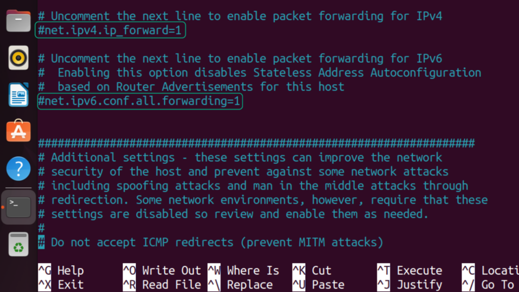 Screenshot showing the terminal in Ubuntu Linux with IPv4 and IPv6 forwarding options in the sysctl.conf file commented out