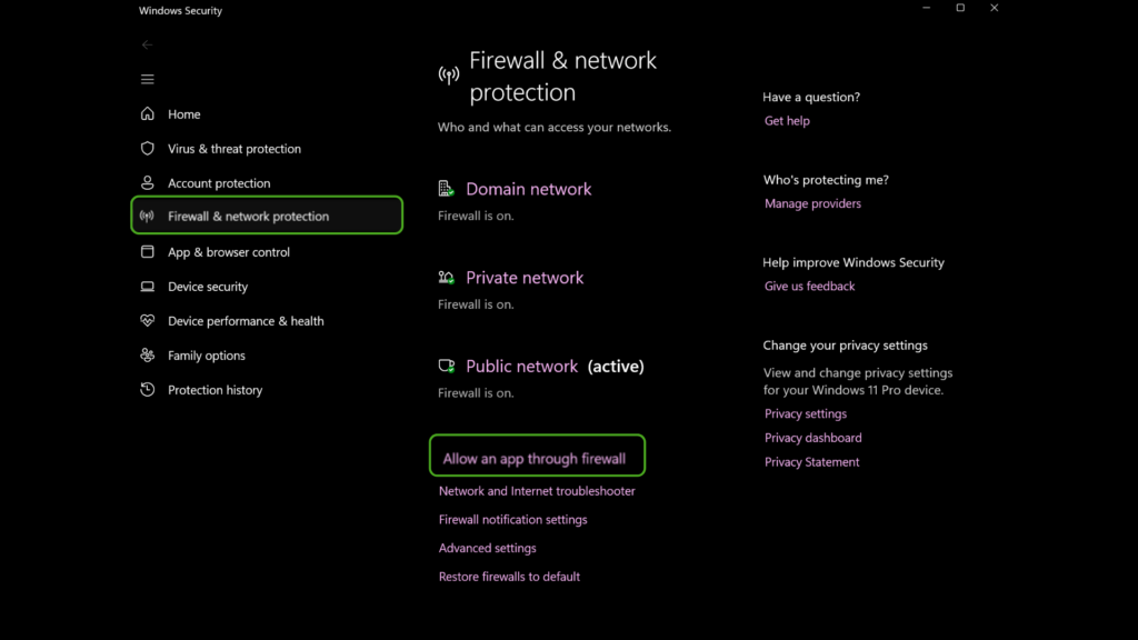 Windows Firewall & network protection settings