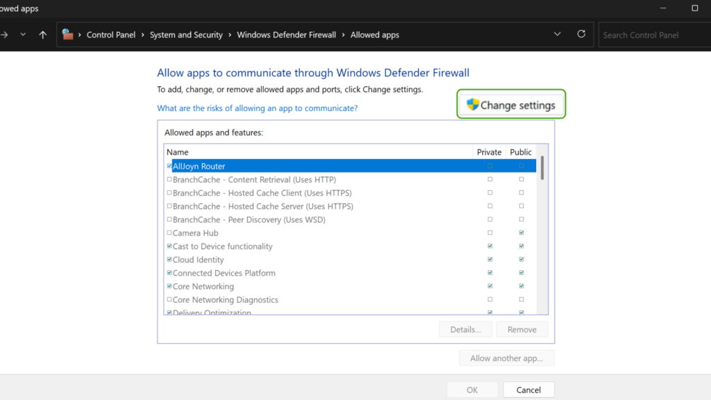 Windows Defender list of allowed apps
