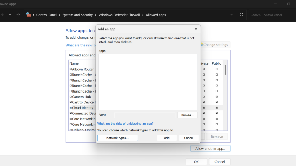 Windows Defender Firewall allowed apps list