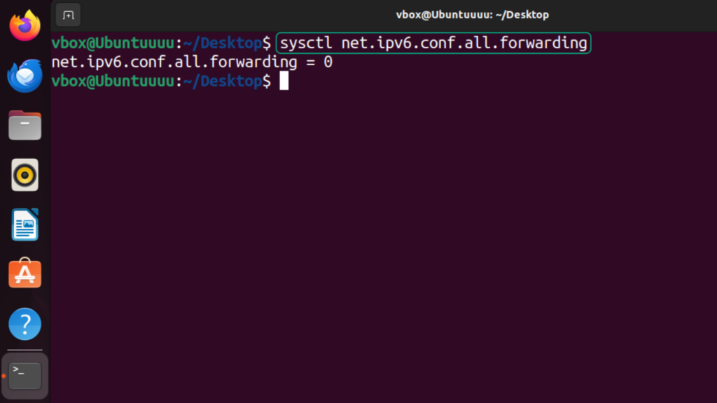 Screenshot showing the terminal in Ubuntu Linux with the IPv6 forwarding check command entered