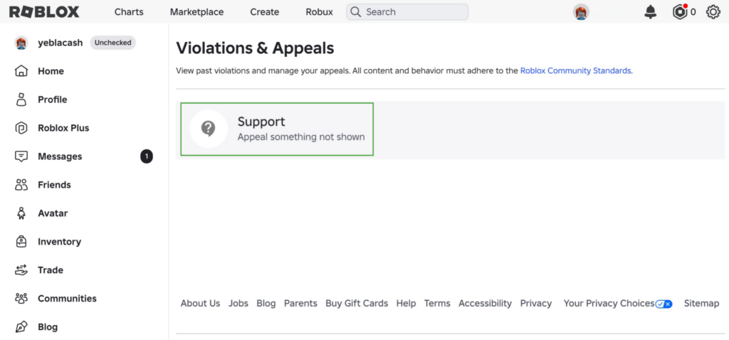 Violations & Appeals menu in Roblox.