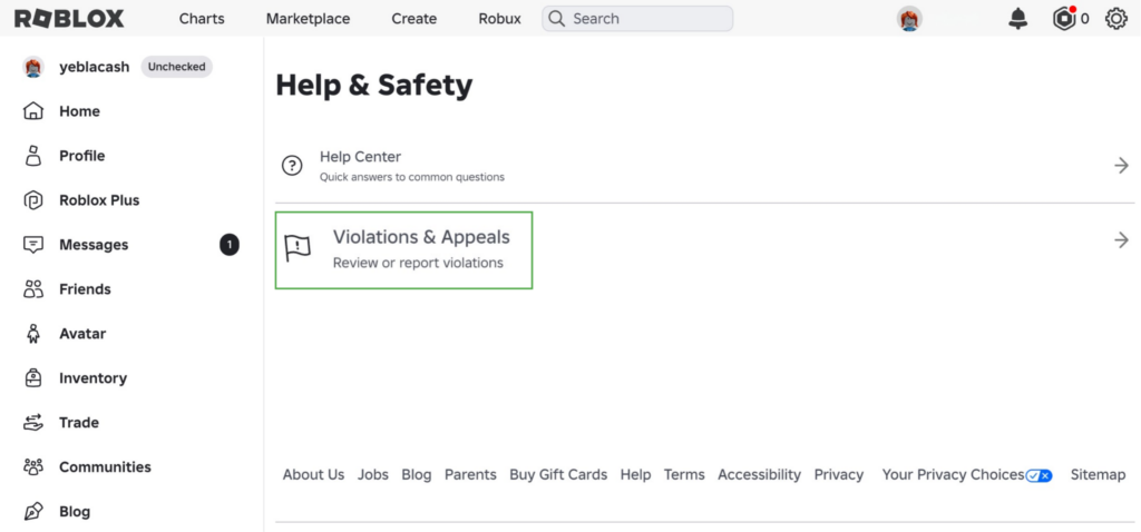 Roblox Help & Safety webpage.