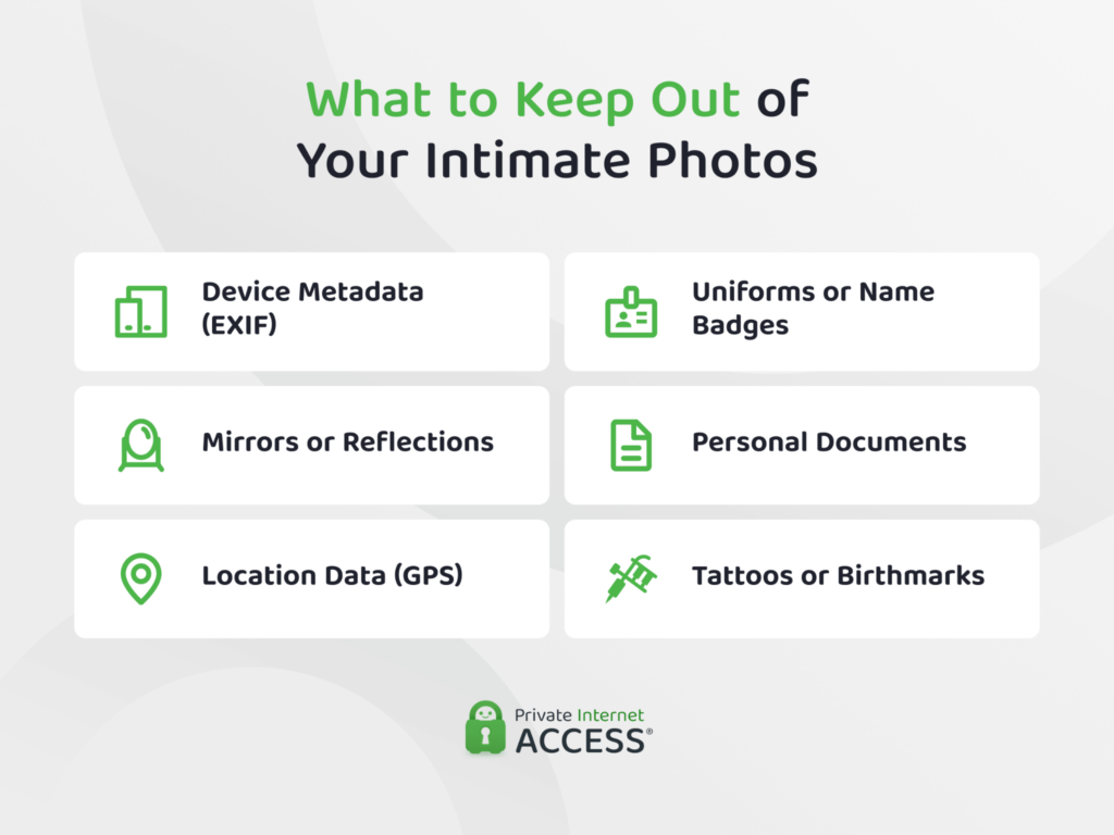 Infographic listing six type of data that should not appear in intimate images: device metadata, mirrors or reflexions, location data, uniforms or name badges, personal documents, and tattoos or birthmarks