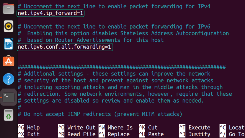 Screenshot showing the terminal in Ubuntu Linux with IPv4 and IPv6 forwarding options in the sysctl.conf file enabled