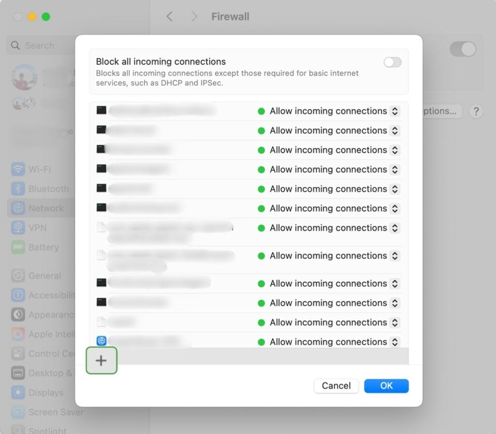 macOS firewall connection settings