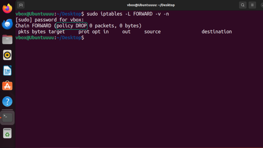 Screenshot showing the terminal in Ubuntu Linux with the iptables forwarding policy set to DROP