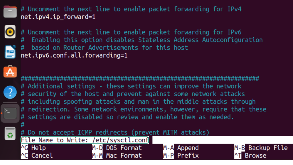 Screenshot showing the terminal in Ubuntu Linux with the prompt confirming to write to the sysctl.conf file