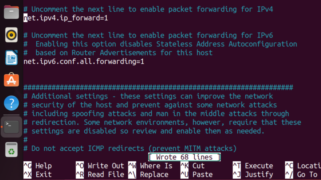 Screenshot showing the terminal in Ubuntu Linux with the text editor confirming that the sysctl.conf file has been updated