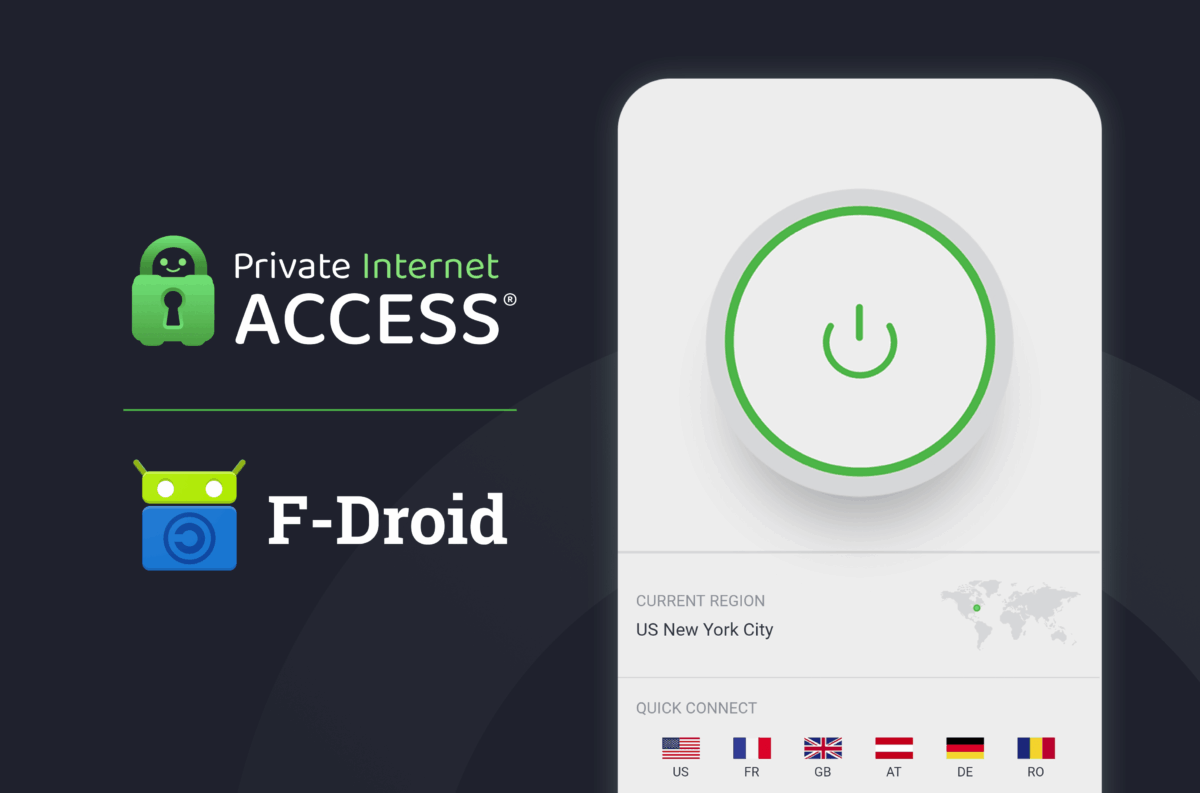 PIA VPN app interface and logo next to F-Droid logo