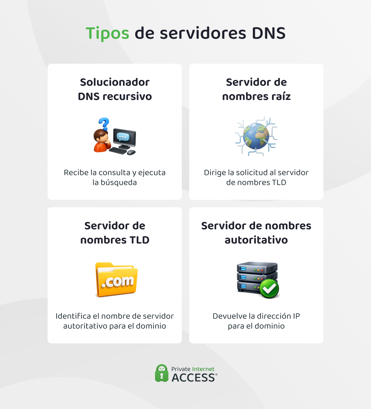 Infografía que muestra los diferentes tipos de servidores DNS y su función.