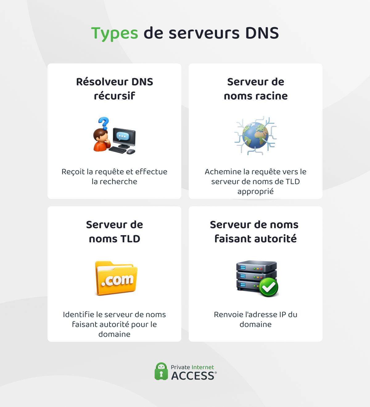 Infographie présentant les différents types de serveurs DNS et leur rôle.