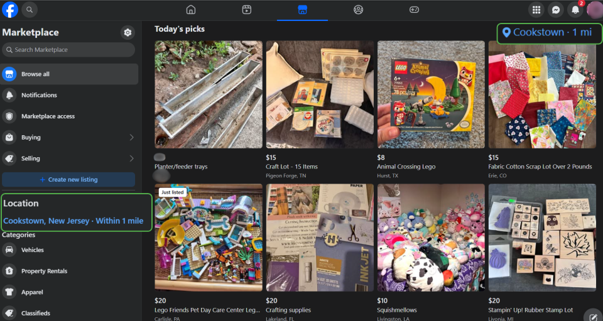 Facebook Marketplace listings with location highlighted in top right corner