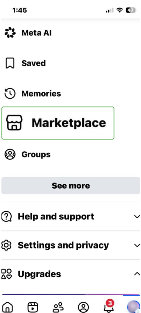 A screenshot of the Facebook app menu with the Marketplace link highlighted.