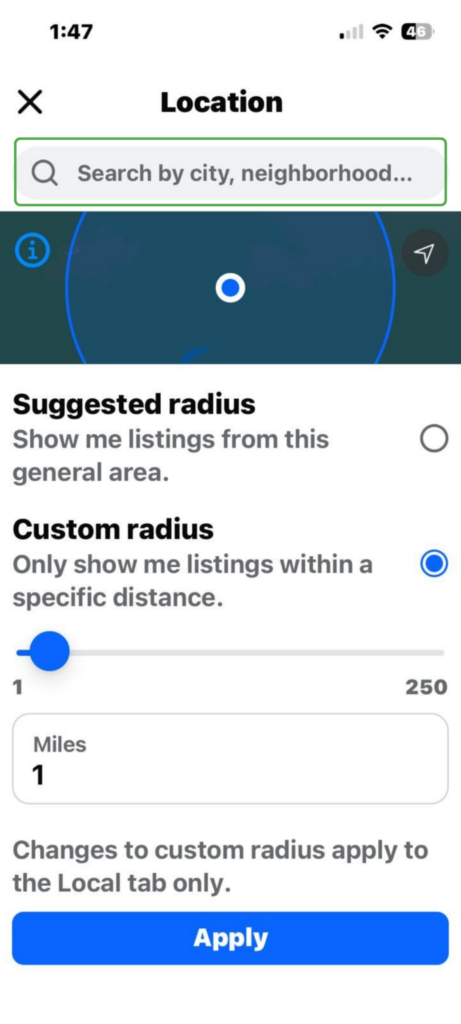 Location search and radius options for Facebook Marketplace discovery