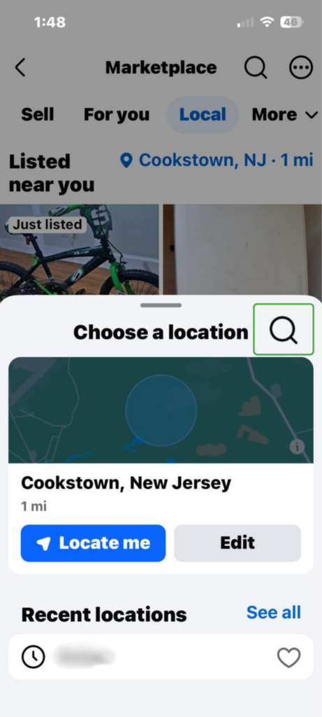 acebook Marketplace app Choose a location popup with search icon highlighted