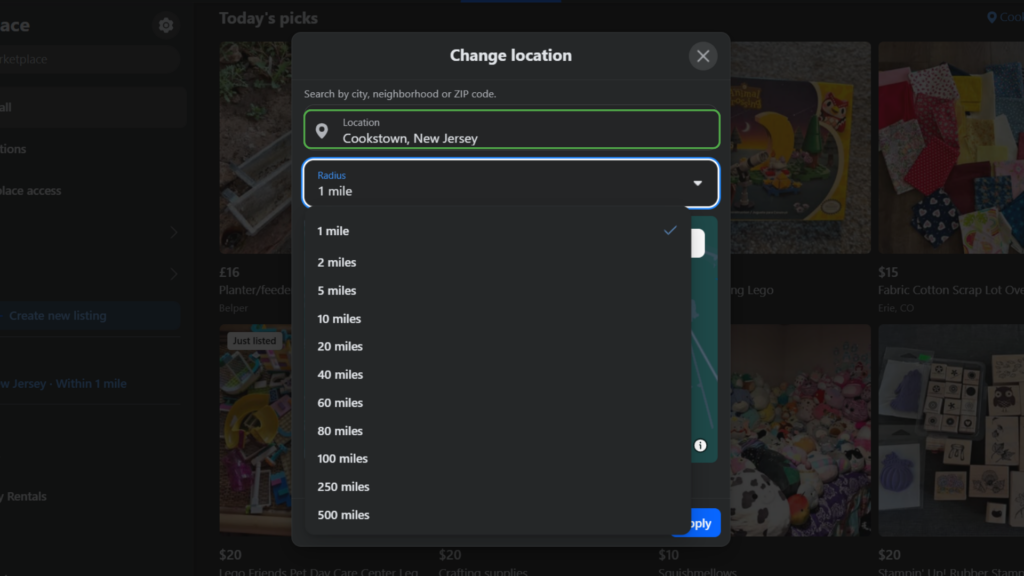 Facebook Marketplace locations popup with search bar highlighted and radius distance options in a drop down menu