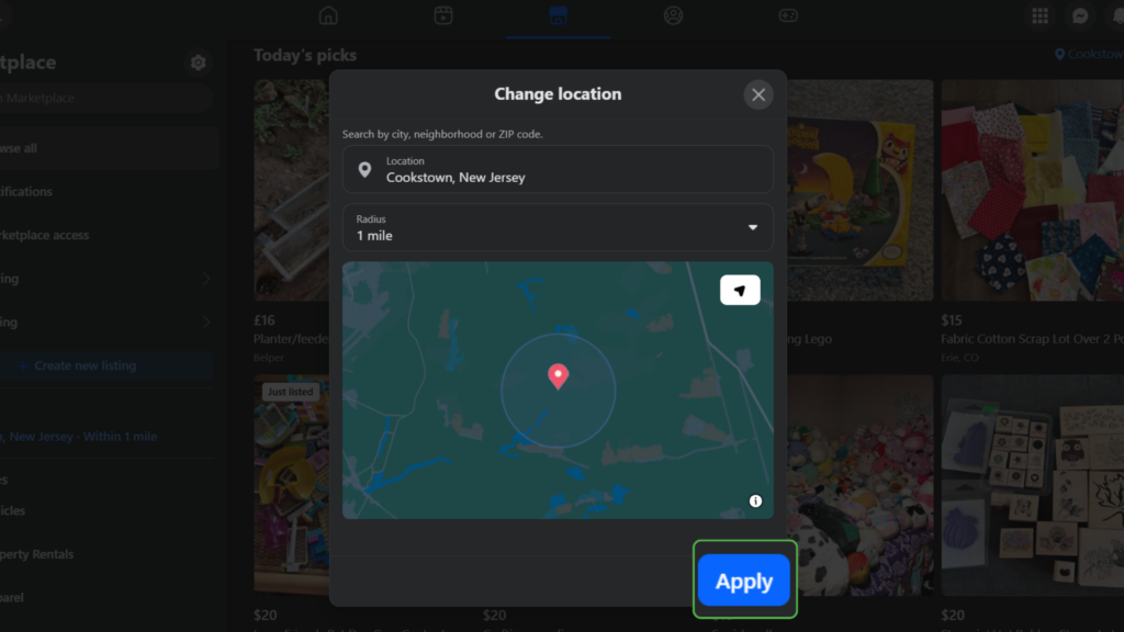 Marketplace Change location popup with "Apply" button highlighted