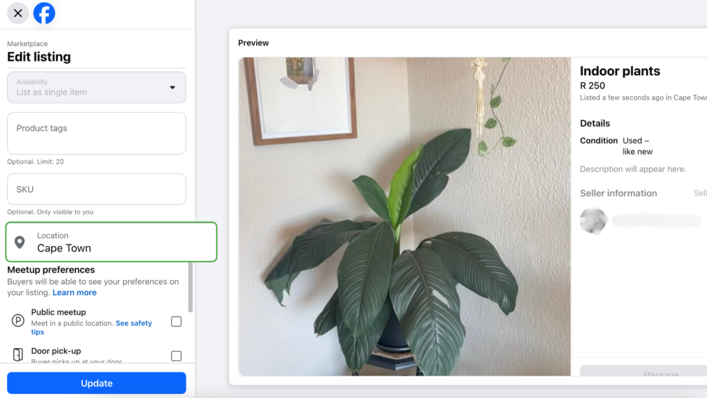 Location settings options on existing Marketplace listings