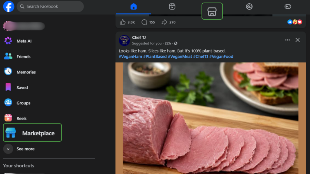 Facebook browser home page with "Marketplace" highlighted in the left-hand and top menus