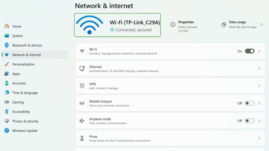 Network & internet menu in Windows 11 with connected network highlighted.
