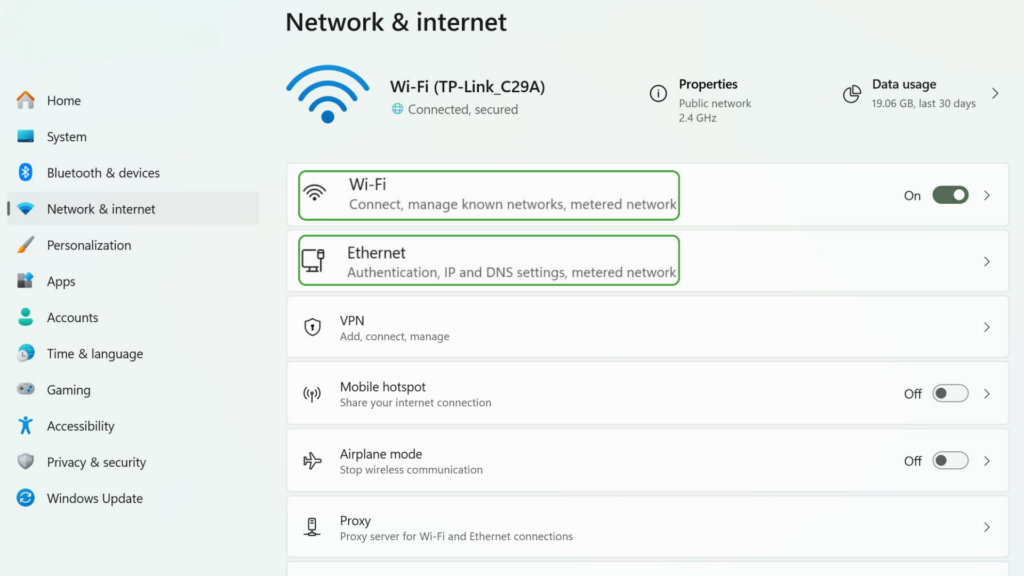 Network & internet menu in Windows 11 with the Wi-Fi and Ethernet options highlighted.
