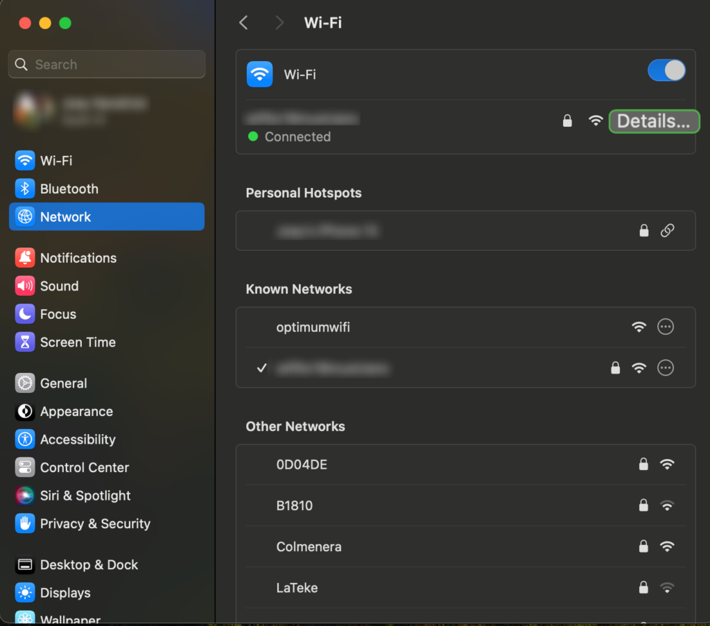 System settings menu open in macOS with Network option highlighted.