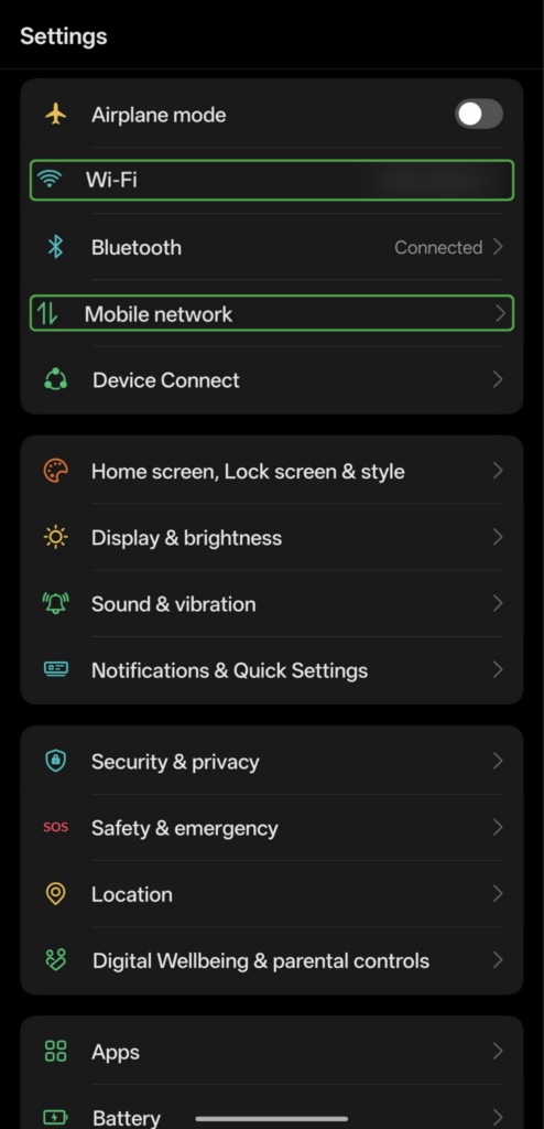 Android Settings menu with the Wi-Fi and Mobile network options highlighted.