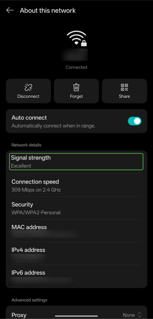 Connected Wi-Fi information in Android with Signal strength option highlighted.