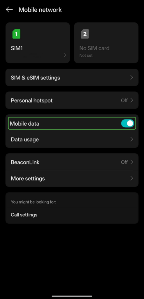 Mobile network settings menu in Android with Mobile data highlighted and enabled.