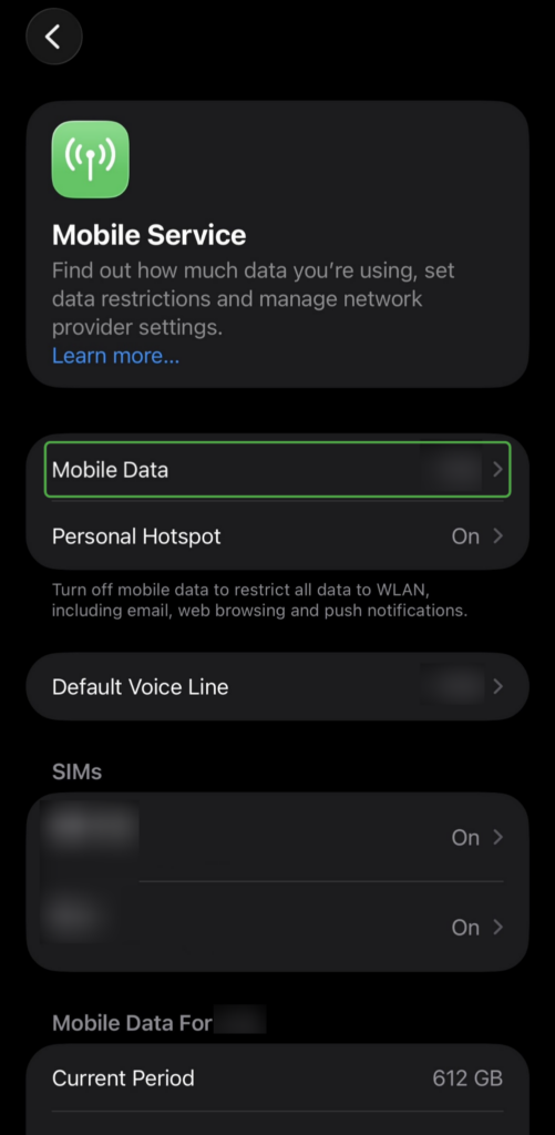 Mobile Service menu in iOS with Mobile Data option highlighted.