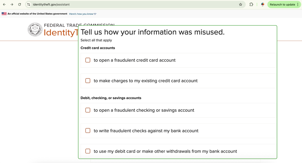 Answer questions about the misuse of your information on IdentityTheft.gov