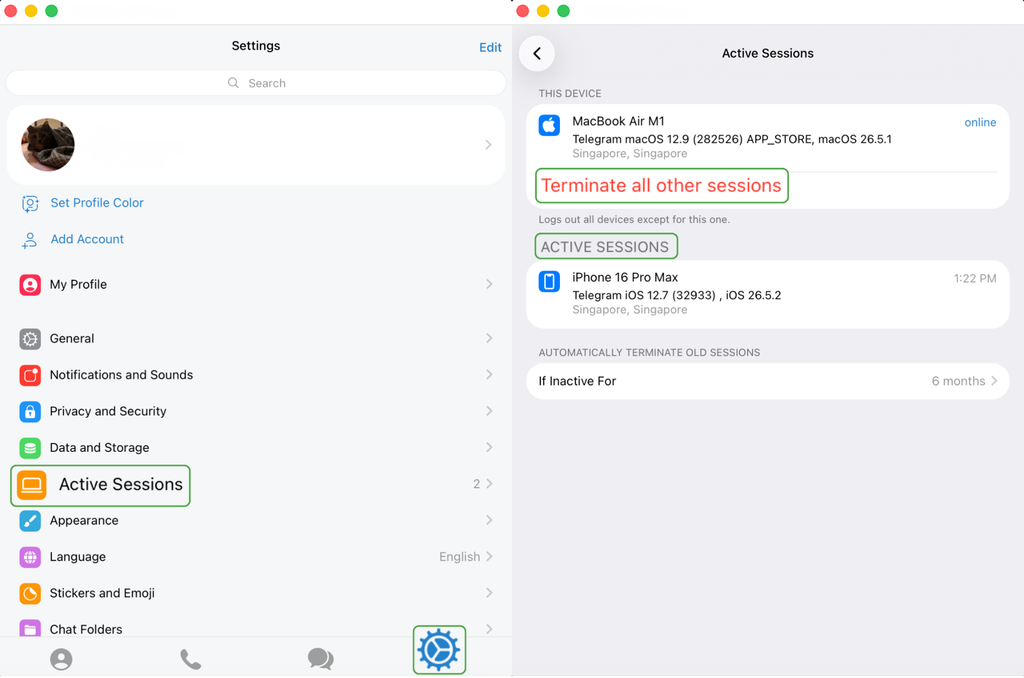 Telegram's Active Sessions device list.