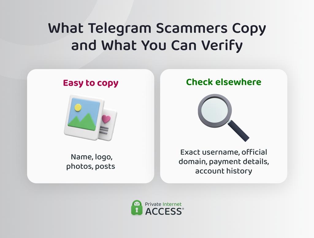 Graphic contrasting easily copied profile elements with account details that can be verified through independent sources.