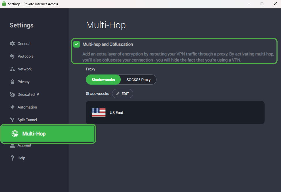 PIA's desktop app Multihop and obfuscation settings.
