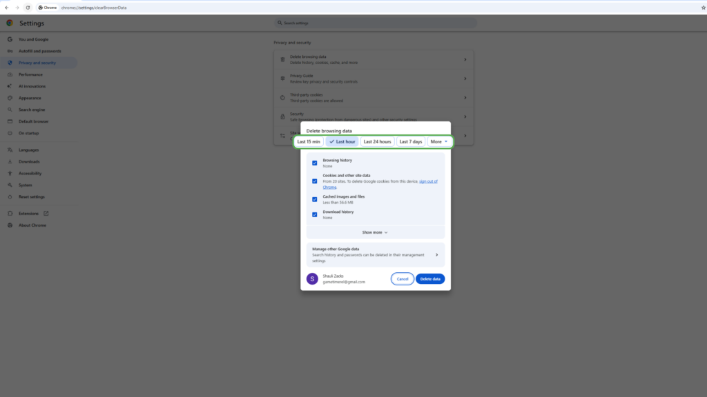 Select teh time frame for the browsing data you want deleted.